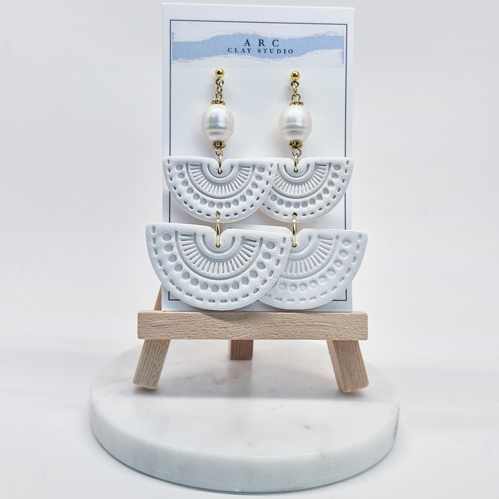 White Geometric Earrings with Pearl Accents